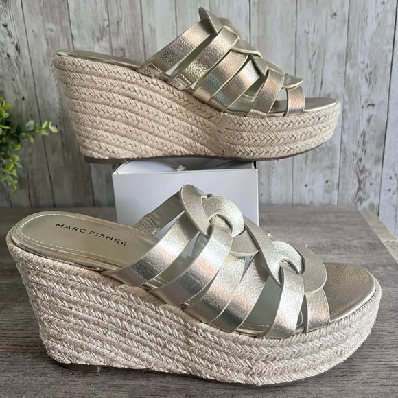 Marc Fisher Cazzie Gold Espadrille Wedge Sandals - Picture 2 of 8